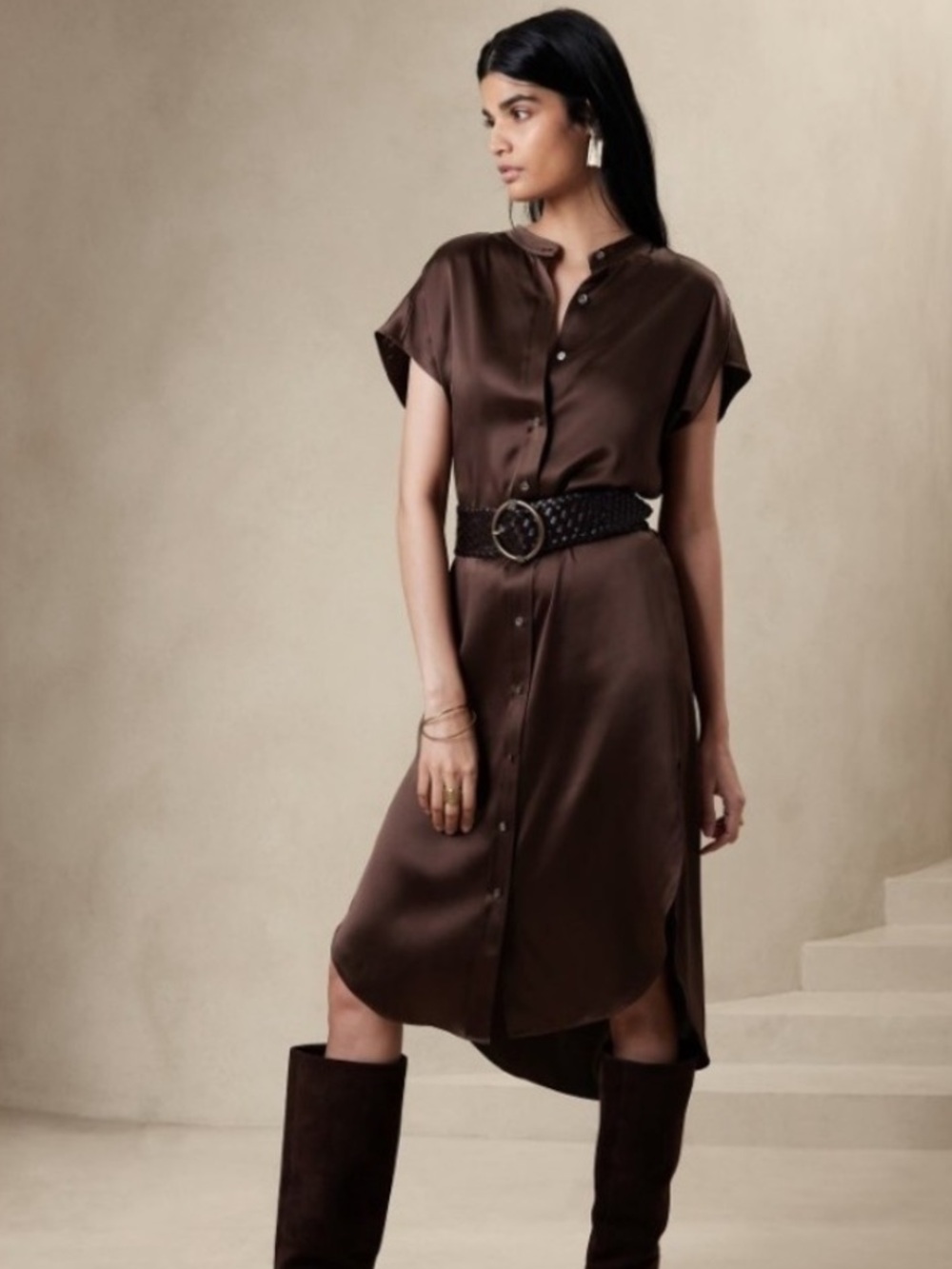 BANANA REPUBLIC SERENADE SILK SHIRTDRESS Chocolate Brown Midi Shirtdress Medium